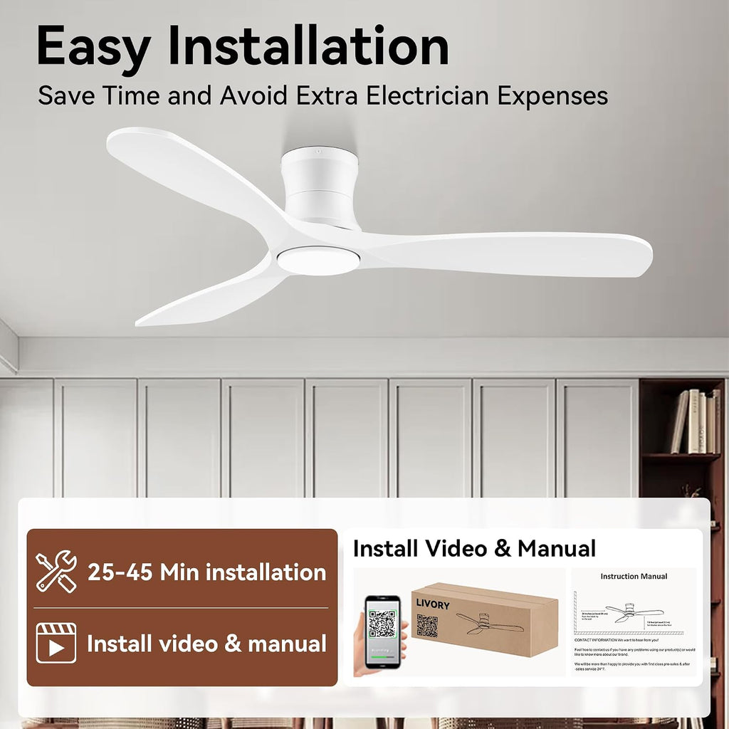52” Wood Smart Flush Mount Ceiling Fans with Lights and Remote,Quiet DC Motor