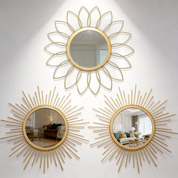 Boho Sunburst Wall Mirror Set of 3, 12 Inch Round Antique & Modern Metal Wall Art, Hanging Over The Door Mirrors