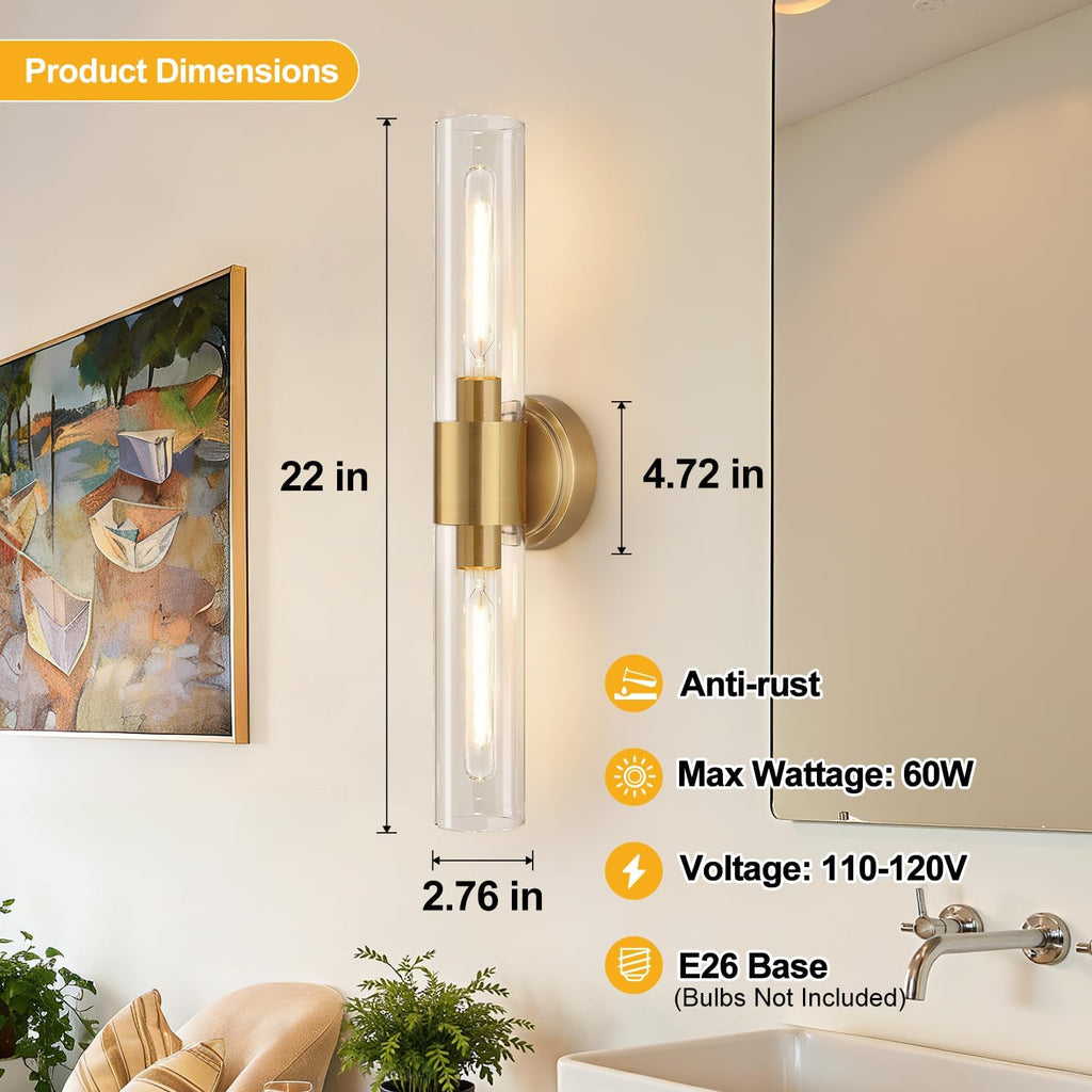 Wall Sconces Set of Two, Brushed Gold Bathroom Sconces Wall Lighting with Clear Glass, Hardwired Modern Sconces Wall