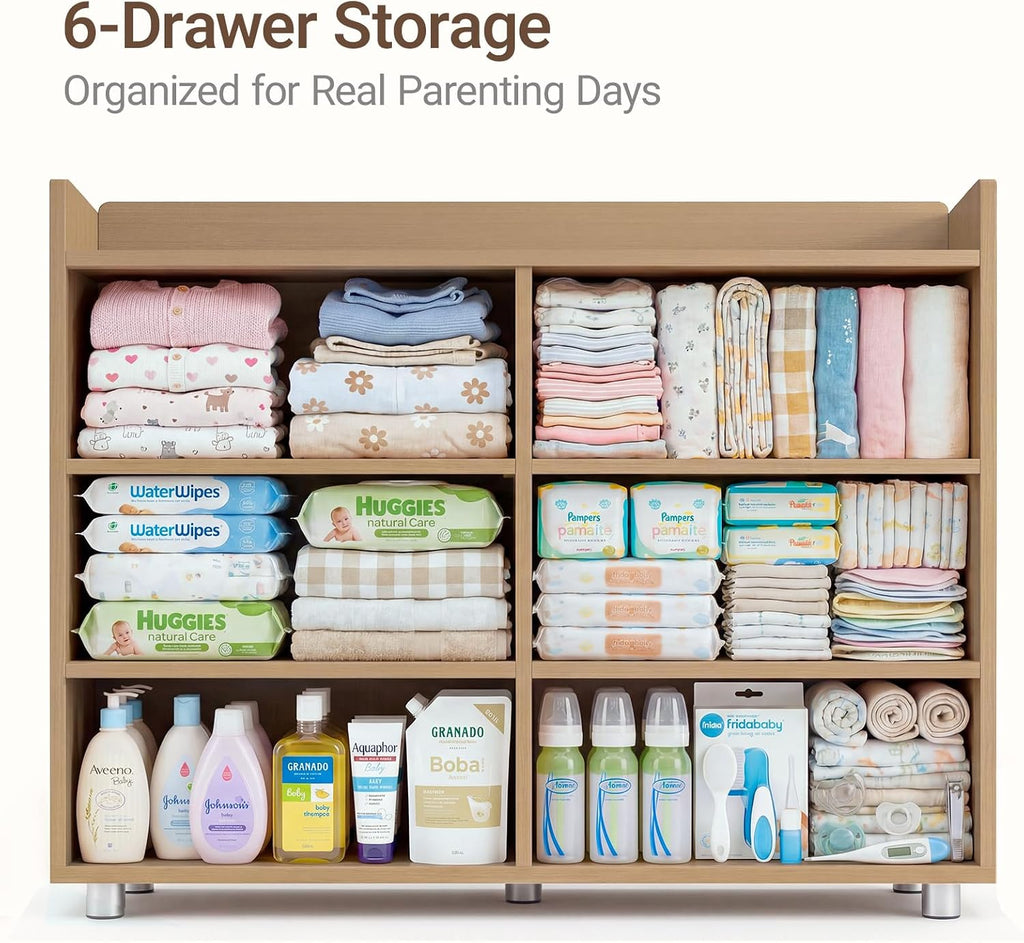 Pro 6-Drawer Baby Dresser with Changing Table, Easy Assembly | Walnut Wooden Nursery Dresser, Anti-Tip Design &