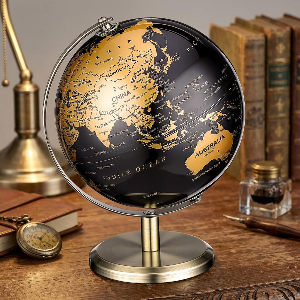 6 Inch Small World Globe, Black Gold Desktop Globe with Antique Bronze Stand, Vintage Metal Geography Map, Elegant