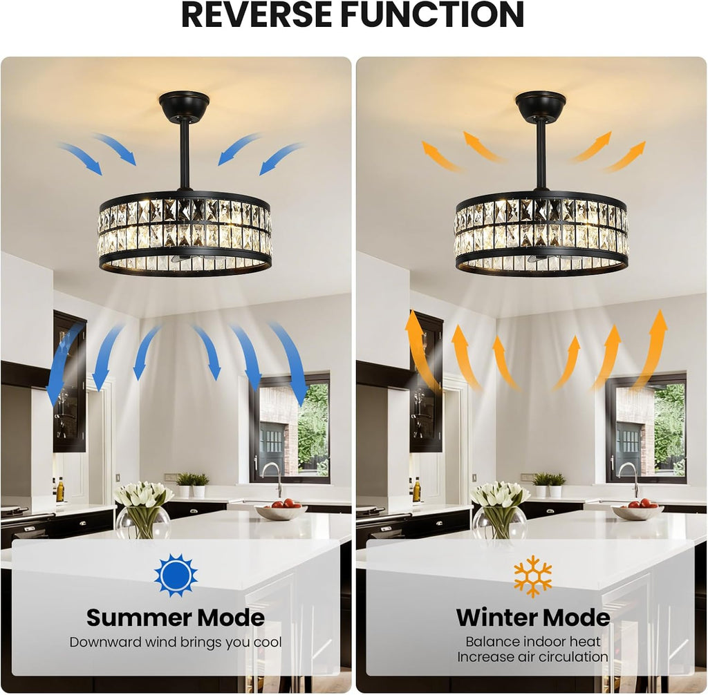 Black Caged Ceiling Fan with Light and Remote Control 19" Bladeless Crystal Modern Fandelier Semi Flush Mount