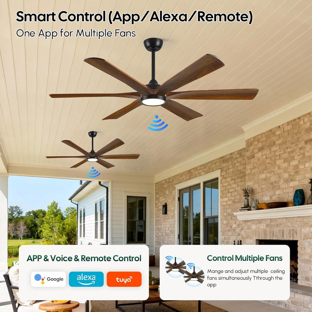 72 Inch Smart Outdoor Ceiling Fan with Light, Alexa/Wifi/Remote Control, 6 Solid Wood Blades Damp Rated