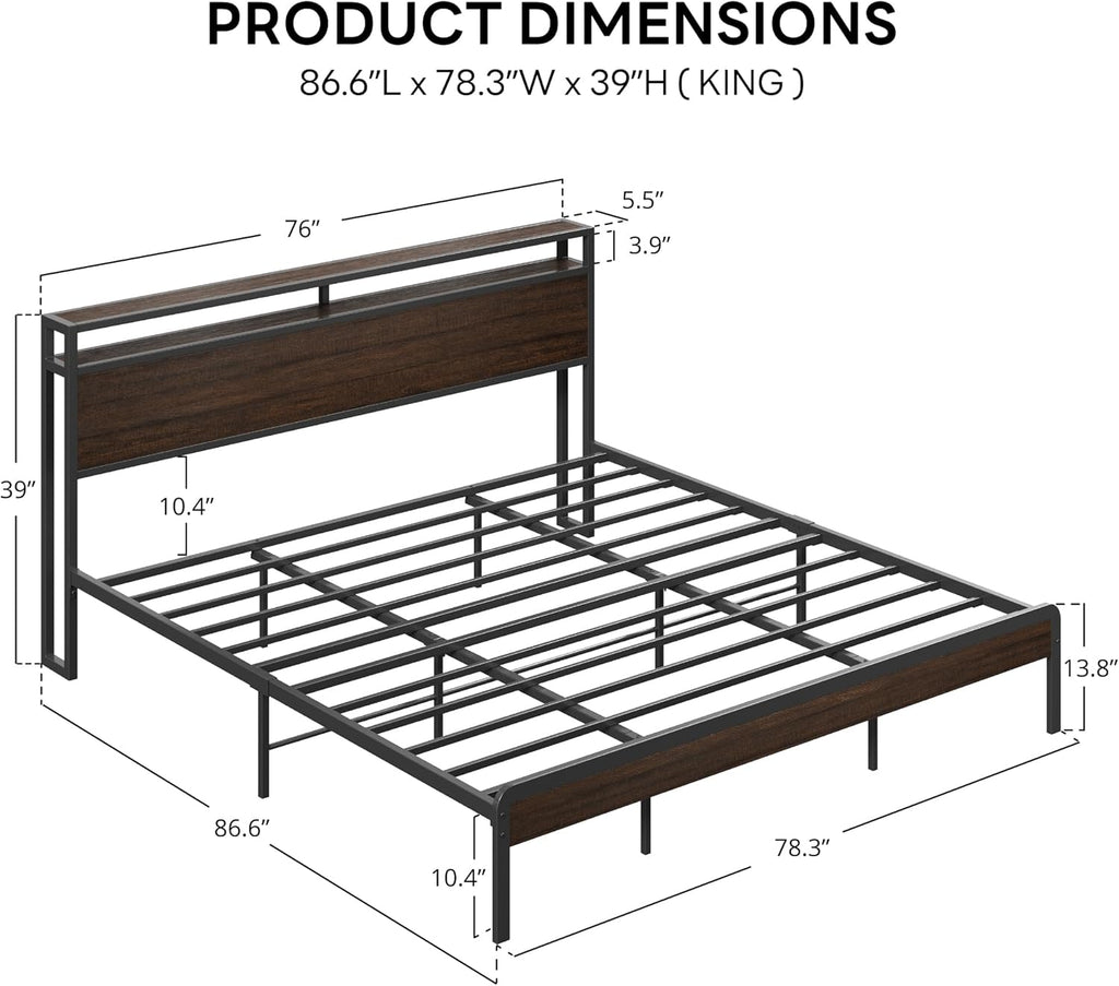 King Bed Frame with Headboard, Dark Wood Camas King with Strong Supports, Sturdy, Noise-Free, No Box Spring Needed