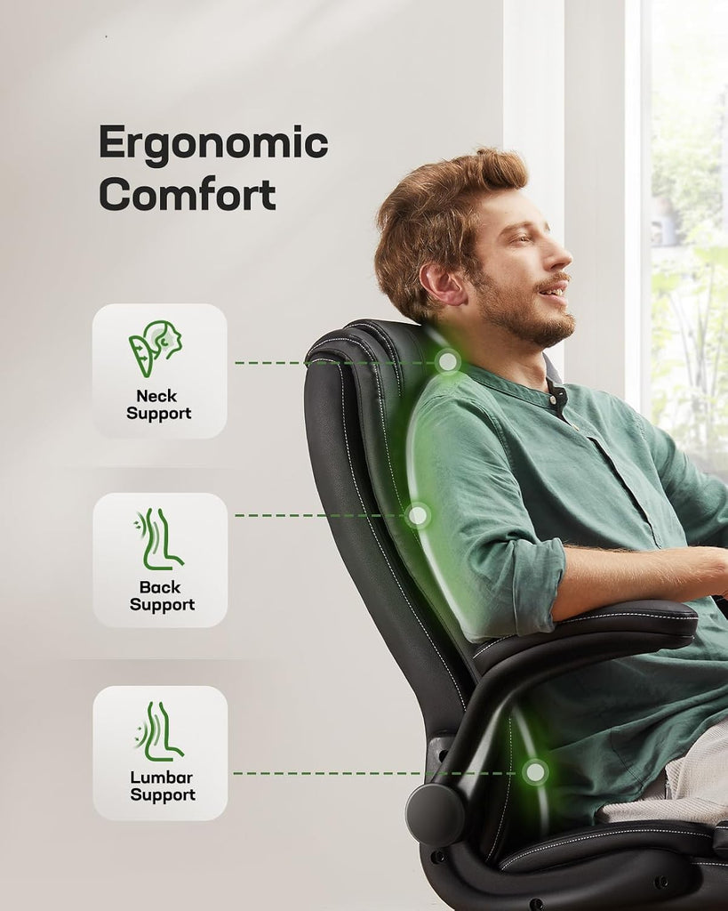 Executive Ergonomic Desk Chair with Flip-up Armrests PU Leather Height-Adjustable Swivel Rolling Dark