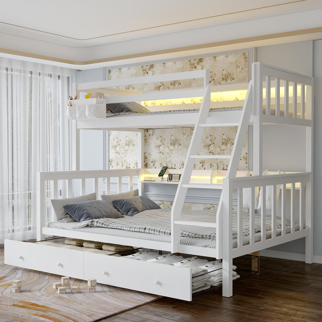 Solid Wood Bunk Bed with Charging Station and LED Lights Detachable Bunk Bed Twin Over Twin with 2 Storage Drawers