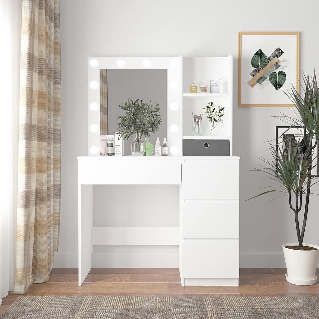 Makeup Vanity with Lights, 37inch Vanity Desk, 4 Large Drawers Dresser with Lighted Mirror, 3 Lighting Modes