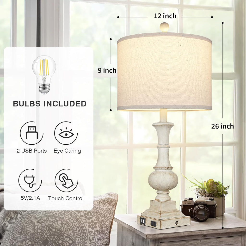 26" Farmhouse Table Lamp, Vintage Rustic Touch Control Bedside Lamp with 2 USB Ports & AC Outlet