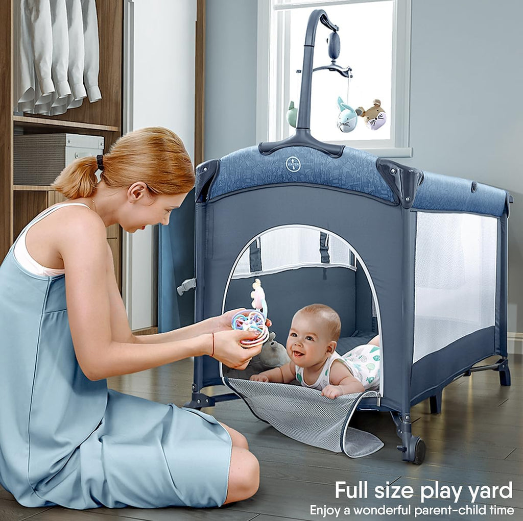 Baby Bassinet Bedside Crib, Pack and Play, Diaper Changing Table | Portable Large Playard, Music Mobile, with