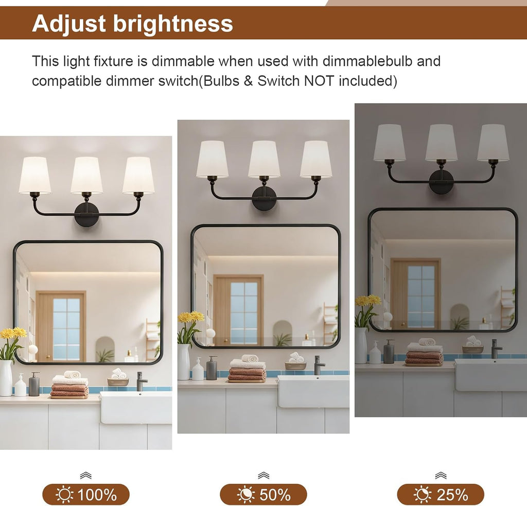 Bathroom Vanity Light, Matte Black Bathroom Lighting Fixtures Over Mirror | 3-Light Bathroom Light Fixtures with