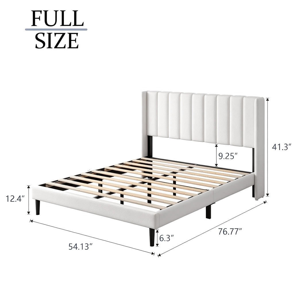 Full Size Bed Frame with Upholstered Wingback Headboard, Easy Assemnly Platform Bed, Wooden Slat Support No Box