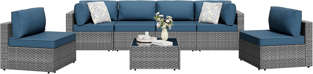 7 Pieces Outdoor Patio Furniture Sets, Patio Sectional Sofa Couch, Gray PE Wicker Furniture Modular Patio