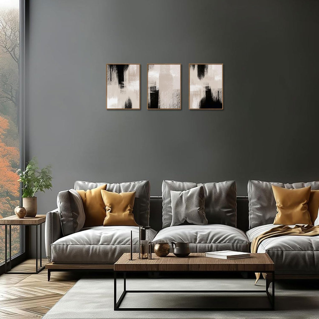 3 Piece Framed Wall Art Abstract Wall Decor Black Beige Gray Pictures Modern Minimalist Canvas Art Large Nature