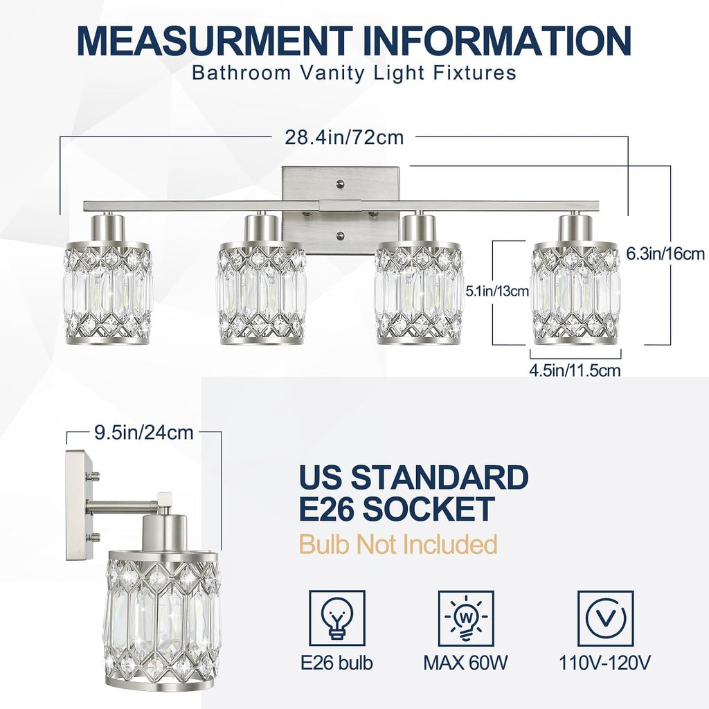 Crystal Modern Bathroom Light Fixtures, 4-Light Brushed Nickel Bathroom Vanity Wall Light, Vanity Lights for Mirror