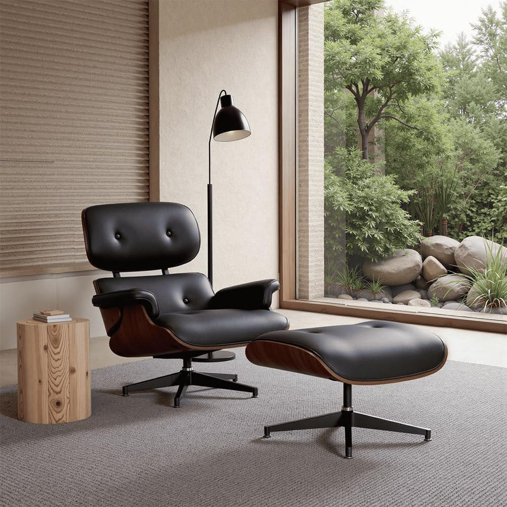 Modern Reclining Swivel Lounge Chair and Ottoman — Black Leather