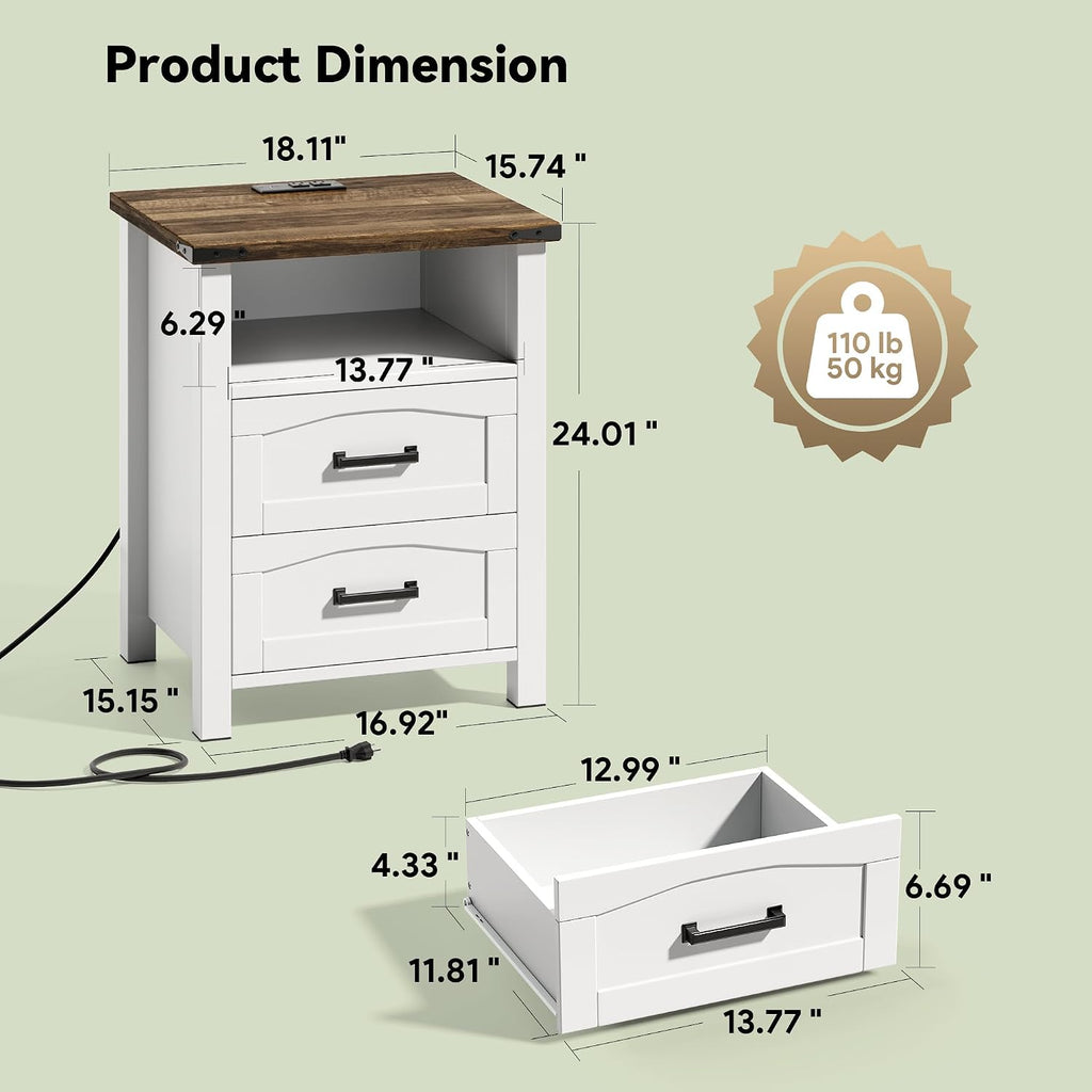 Farmhouse Nightstand Set of 2 with Charging Station, 18'' Wide Rustic End Table with USB/Type-C Ports, 2 Drawers &