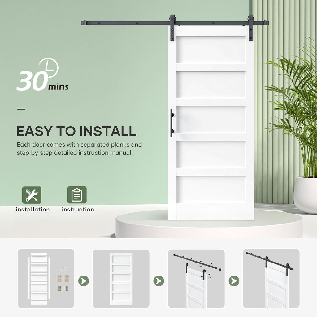 36x84 Inch White Sliding Barn Door Slab with 6.6ft Hardware Kit Included, 5-Panel, MDF Wood Panel Co