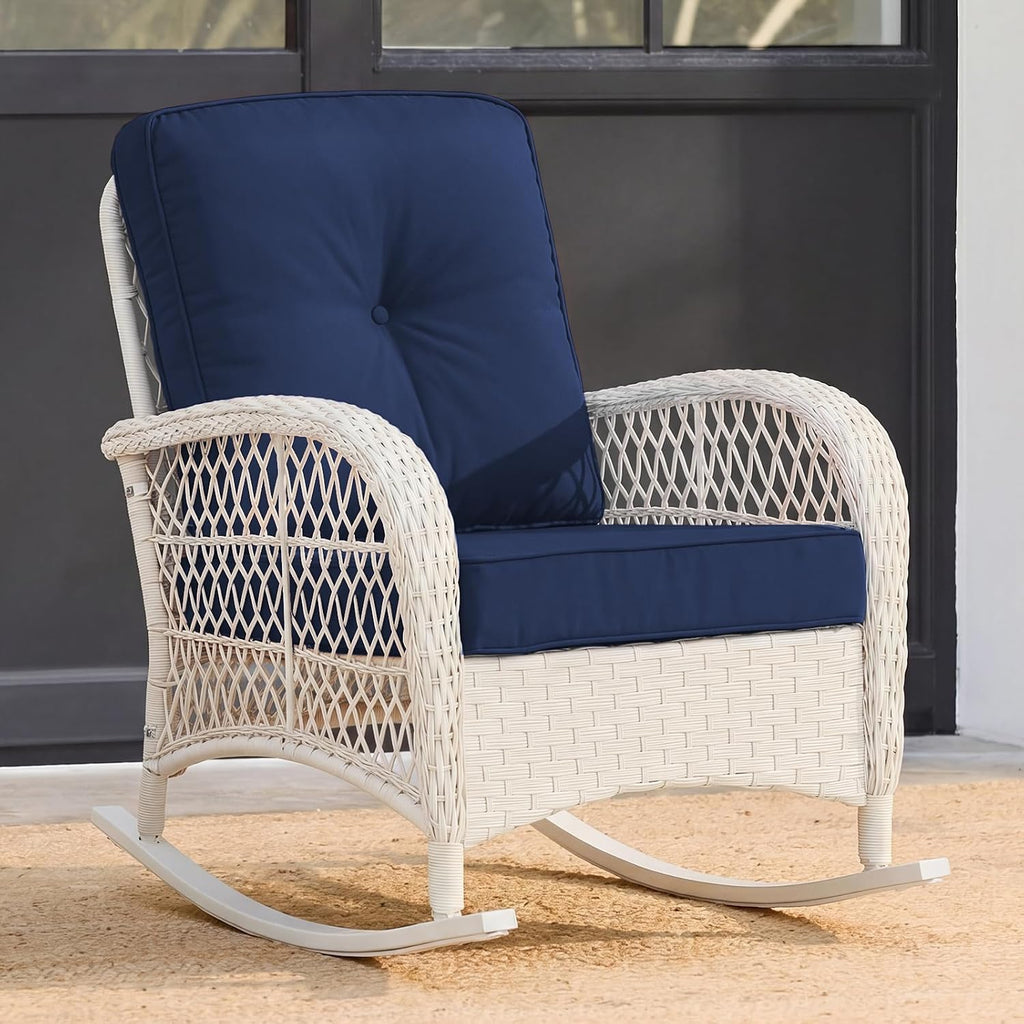 Outdoor Wicker Rocking Chair, Patio Rattan Rocker Chair with Cushions & Steel Frame, All-Weather Rocking Lawn