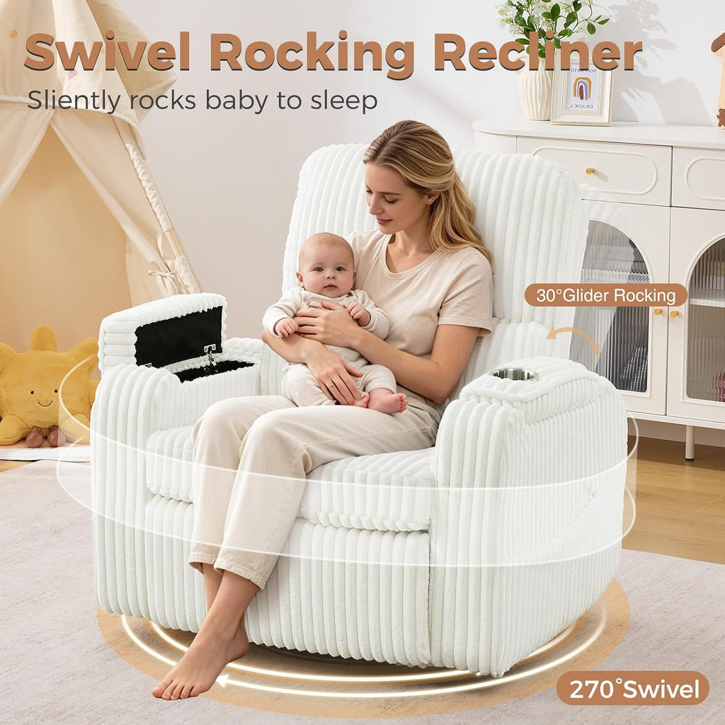 Power Nursery Recliner,26''Swivel Rocker Recliner,Adjustable Headrest,White | Extra Wide Recliner, Oversized