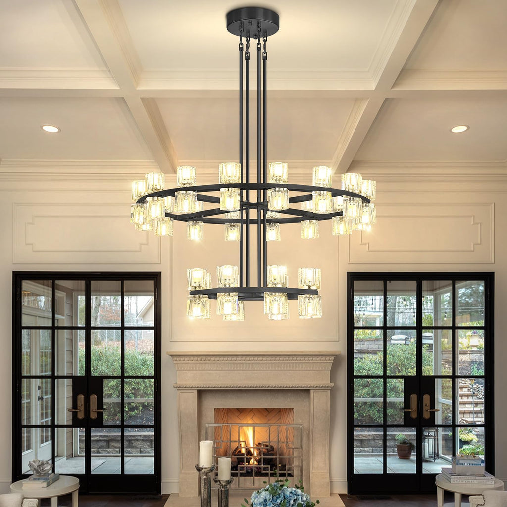 Inspired Arcachon Style 2-Tier Round Wagon Wheel Chandelier, 16" + 32" 48-Light Black — Foyer, Great Room & Dining
