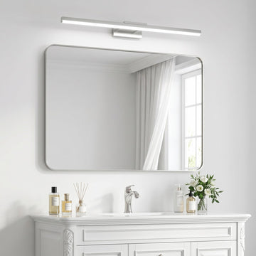 Bathroom Mirror Brushed Nickel, 30 x 42 Inch Metal Frame Rectangle Mirror Rounded Silver Modern Vanity Mirror