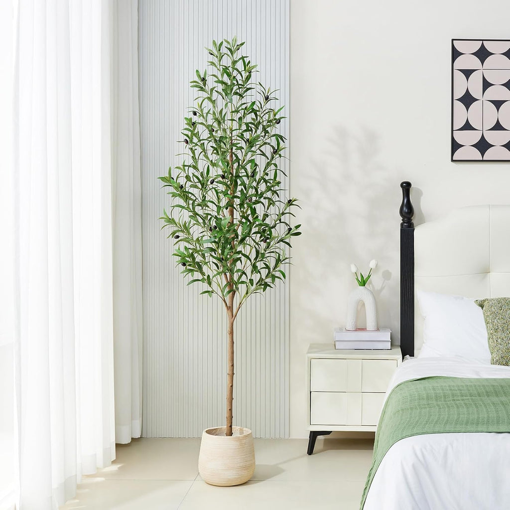 6FT Artificial Olive Tree Indoor - Real Wood Trunk Tall Faux Olive Tree, Large Fake Potted Plant Decor Living Room&
