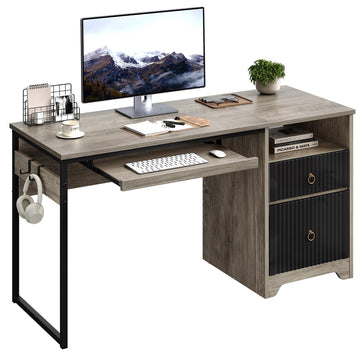 55Inch Modern Fluted Desk with Drawers & Keyboard Tray, Grey