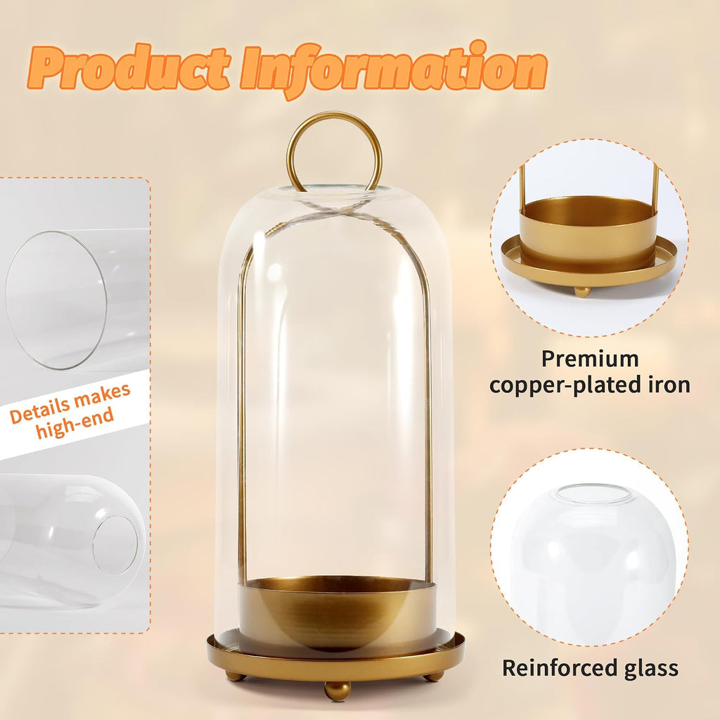 Hurricane Glass Candle Holders, Large & Medium Brass Lanterns Hurricane Candlestick Holder for Pillar Candles