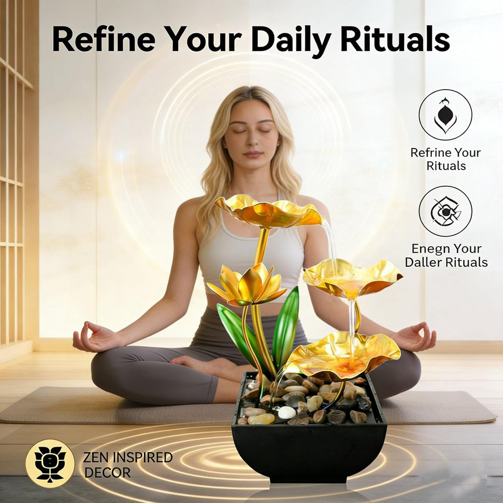 11‘’ H Gold Tabletop Water Fountain, Zen Desktop Waterfall, Indoor Lotus Desktop Decorative Fountain, Home Bathroom