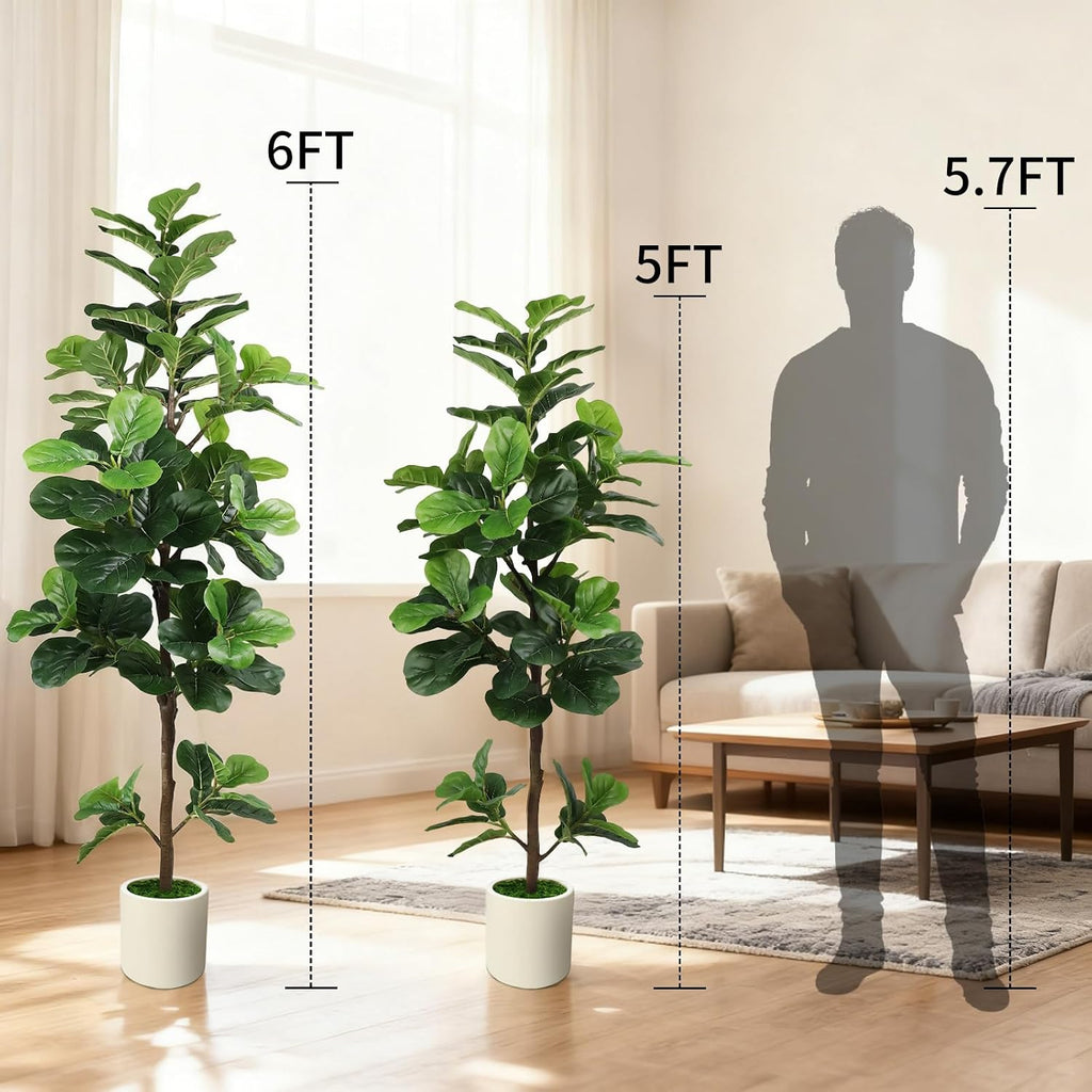 5FT Artificial Fiddle Leaf Fig Tree with White Planter & Fake Moss, Realistic Faux Ficus Lyrata Floor Plant Home