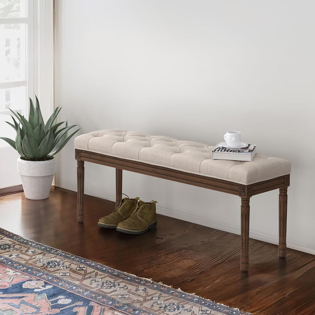 44" Bedroom Bench, Fabric End of Bed Bench, Upholstered French Tufted Ottoman Bench with Carved Dark Brown Wood Legs