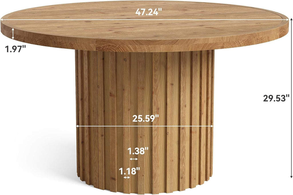 47" Solid Wood Dining Table for 4-6, Farmhouse Round Kitchen Table with Striped Pedestal Base, Circle Wooden Dining