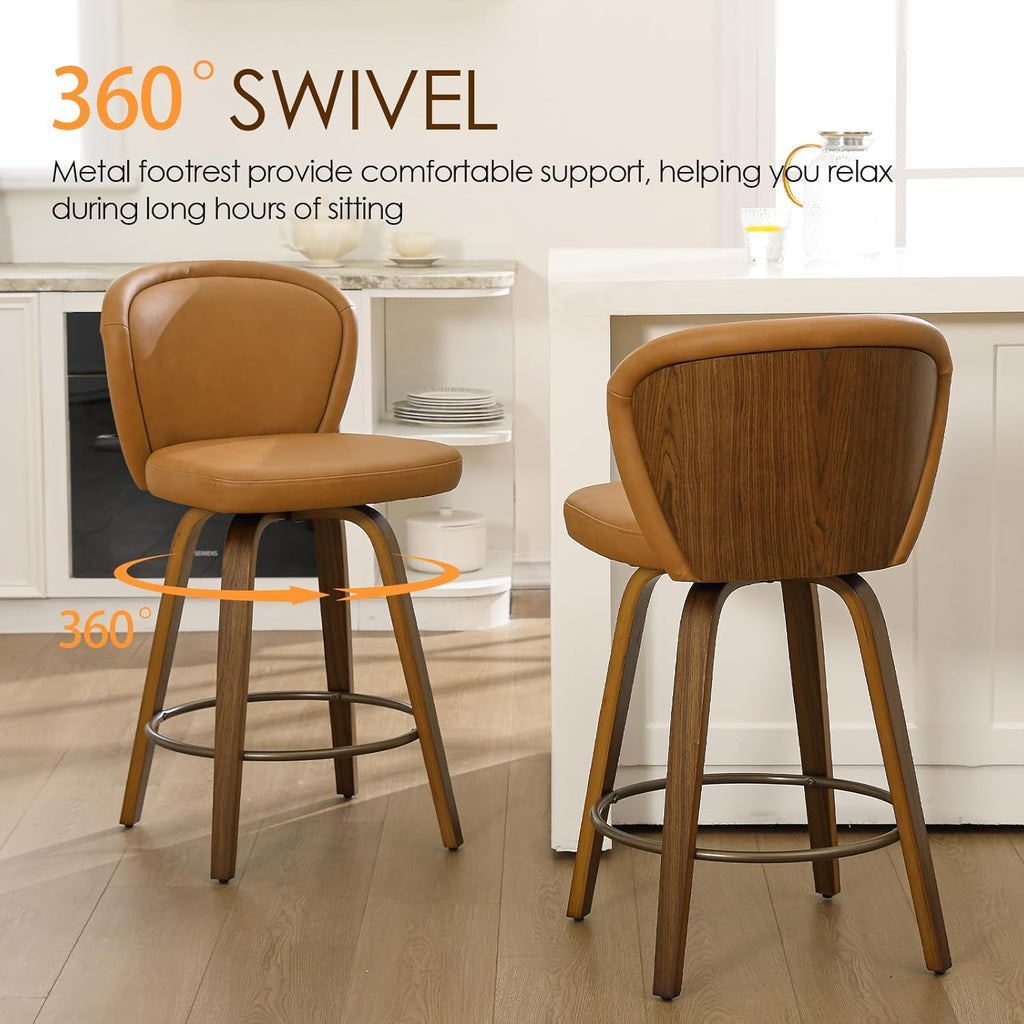 Swivel Counter Height Bar Stools Set of 6, 26 Inch Barstools with Wanlut Wooden Leg and Back, Faux Leather