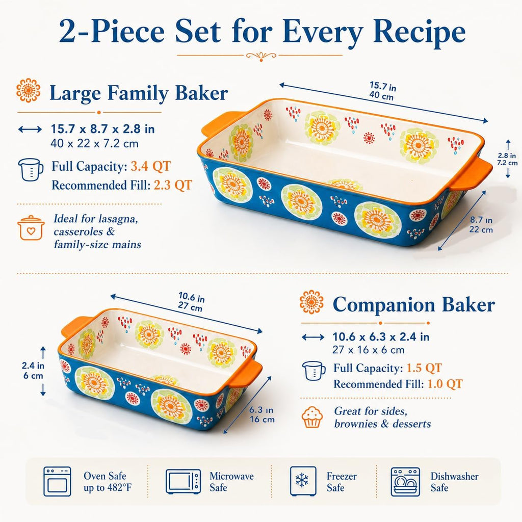 Ceramic Dish Set, 2-Piece Stoneware Casserole Dishes for Oven, 3.4QT & 1.5QT Deep Lasagna Bakeware with Handles