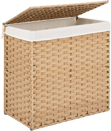 110L Wicker Laundry Hamper with Lid, 2 Section Wicker Laundry Basket, Large Basket for Dirty Clothes, Hamper with