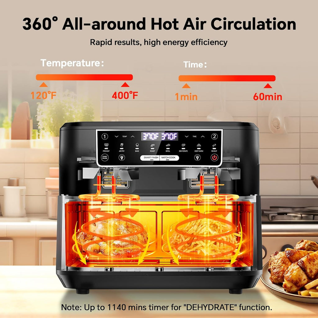 1600W Dual Zone Air Fryer Oven,12.69QT with Divider,Nonstick & Dishwasher-Safe Basket,Match Cook & Smart Finish to