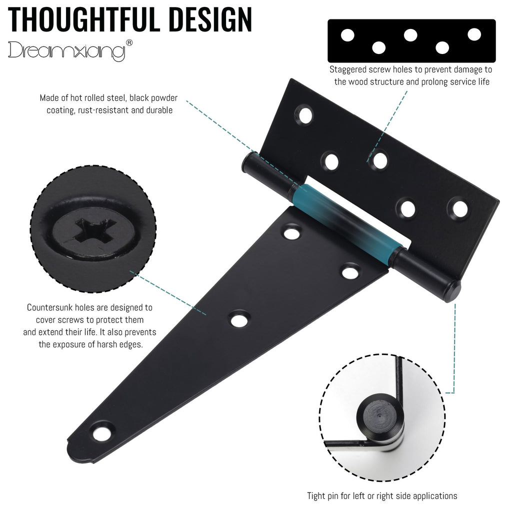 8 Inch T-Strap Gate Hinges, Heavy Duty Shed Barn Door Hinges, Black Tee Hinges for Wooden Fence, Yard Gate, Wrought