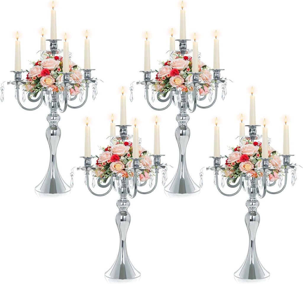 20.3'' Tall 5 Arm Silver Metal Candelabra Centerpiece for Table, Retro Table Centerpieces, Events, Home, Wedding