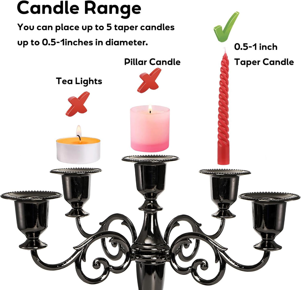 5 Arm Black Candelabra, Candelabra Candle Holder, 10 Inch Tall Candlesticks Holder, Elegant Taper Candle Holder