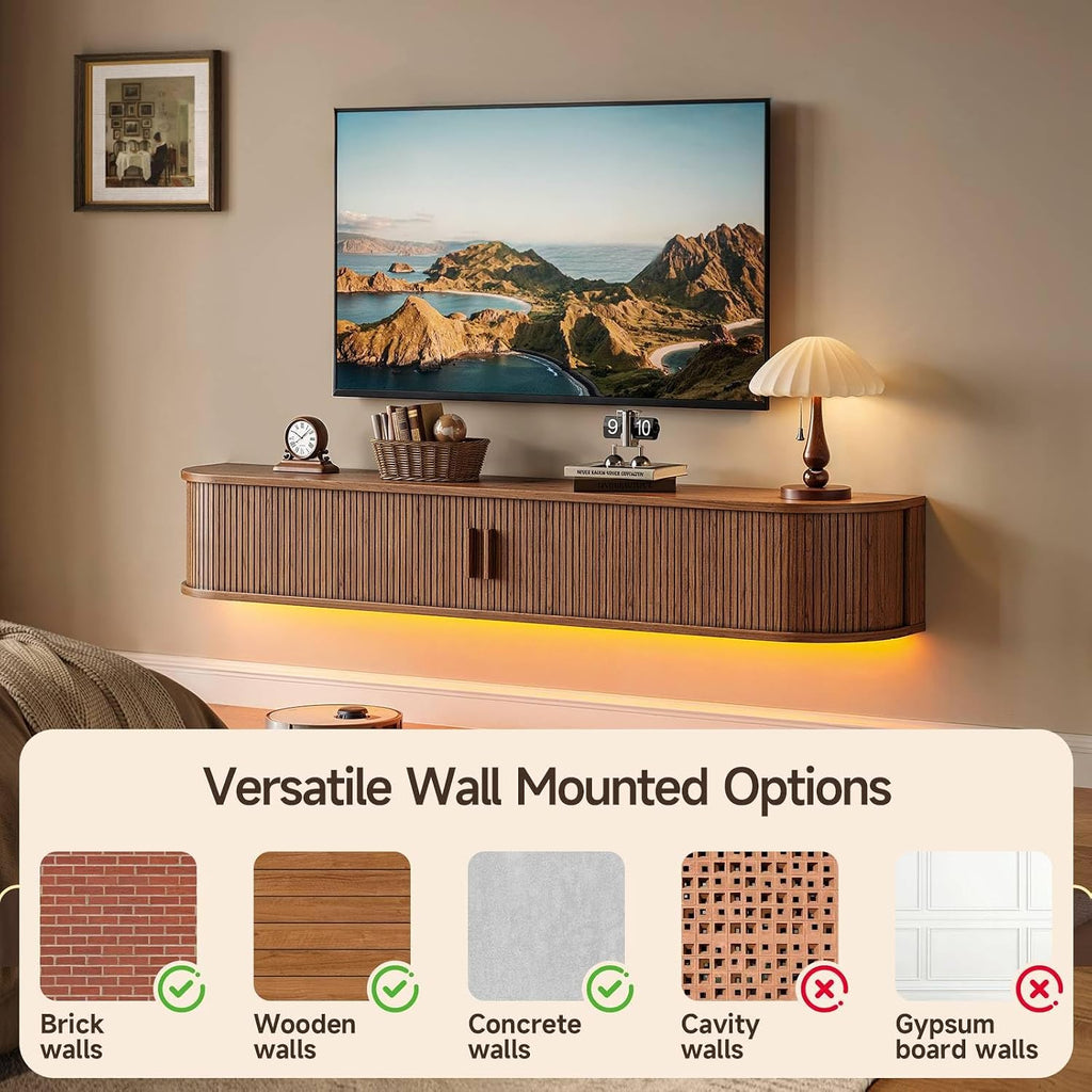 71" Floating TV Stand with Power Outlet for TVs up to 80", Fluted Entertainment Center with Remote Control for LED