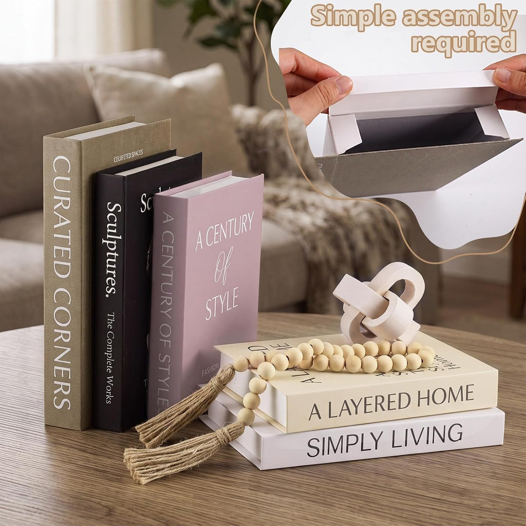 Decorative Books Set of 5 Fake Books Decor with Wood Bead Garland and Buckle Modern Aesthetic Stackable Book for