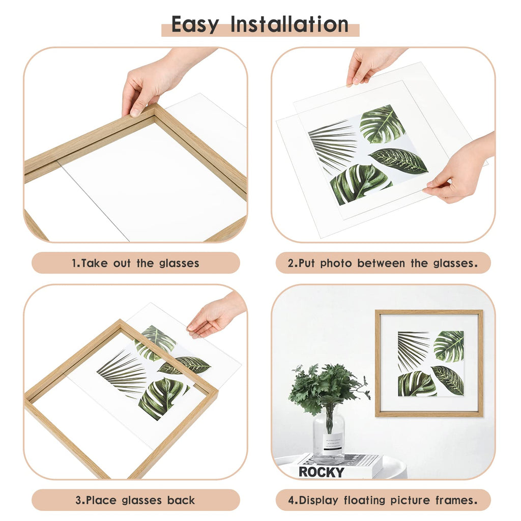 10x10 Floating Frame Set of 2, Double Glass Square Photo Frame, Display Any Size Photo up to 10x10, Wall Mount or