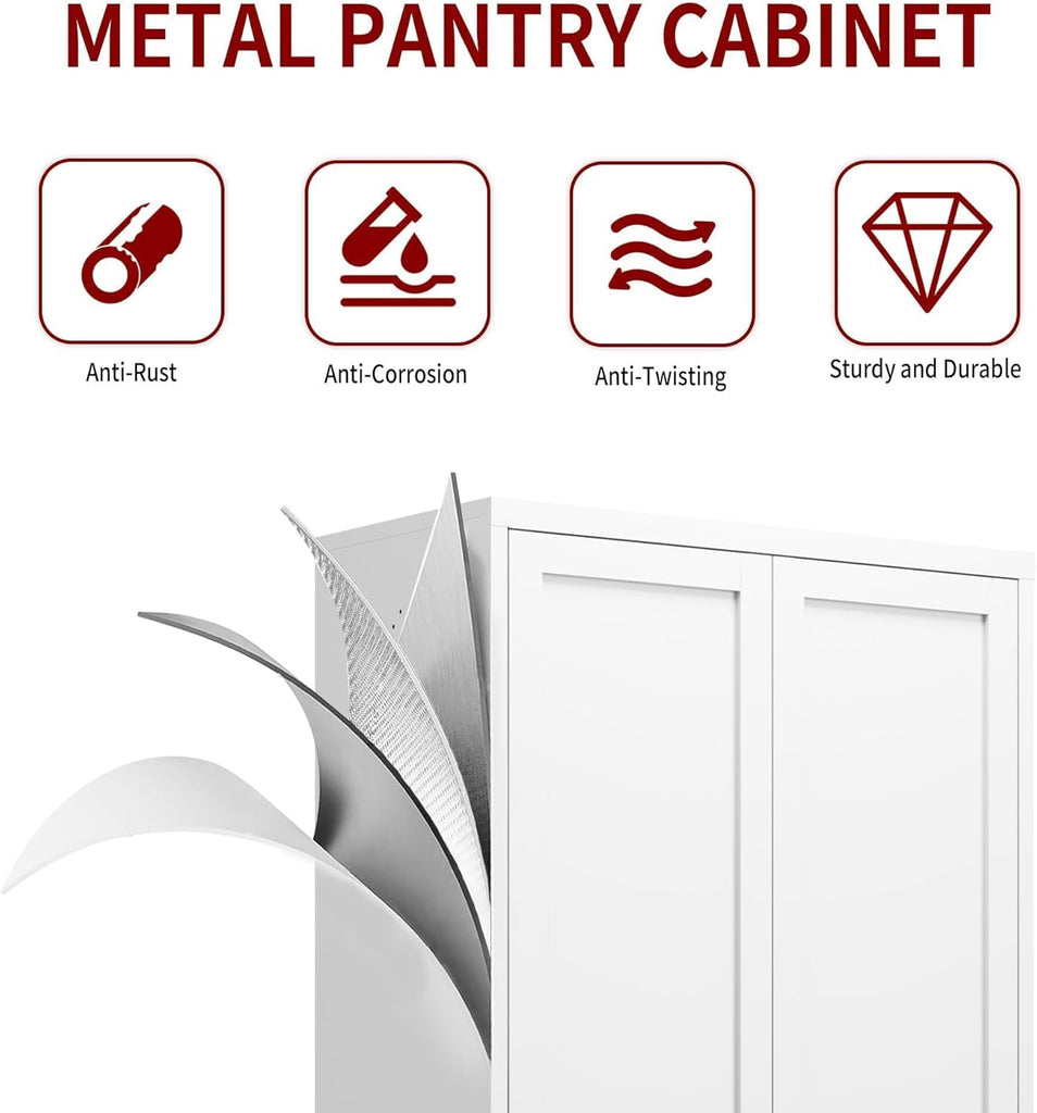 Kitchen Pantry Cabinet,61" White Pantry Storage Cabinet with 4 Tier Adjustable Shelves and 2 Doors,Freestanding
