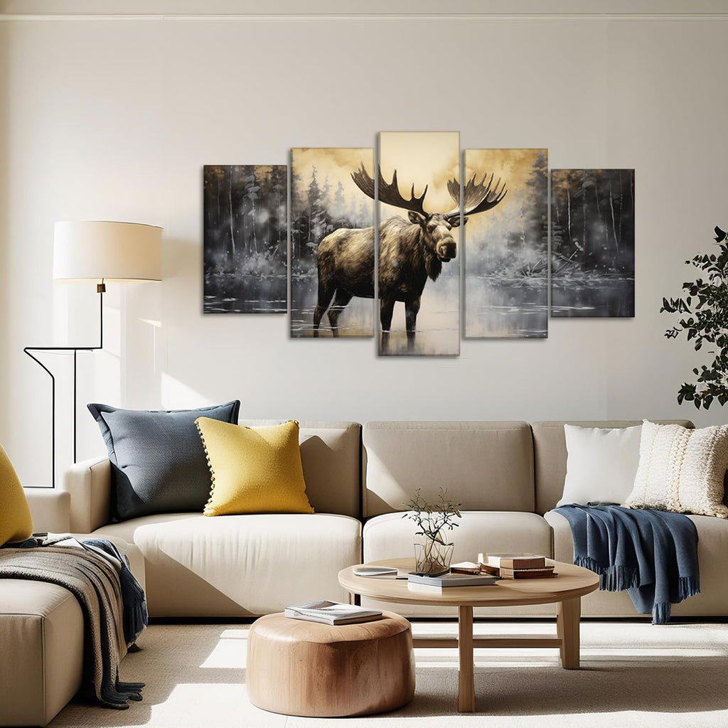 Large Moose Wall Art 5 Piece Wildlife Canvas Pictures Prints Rustic Forest Wilderness Animal Painting Moose Art Cabin