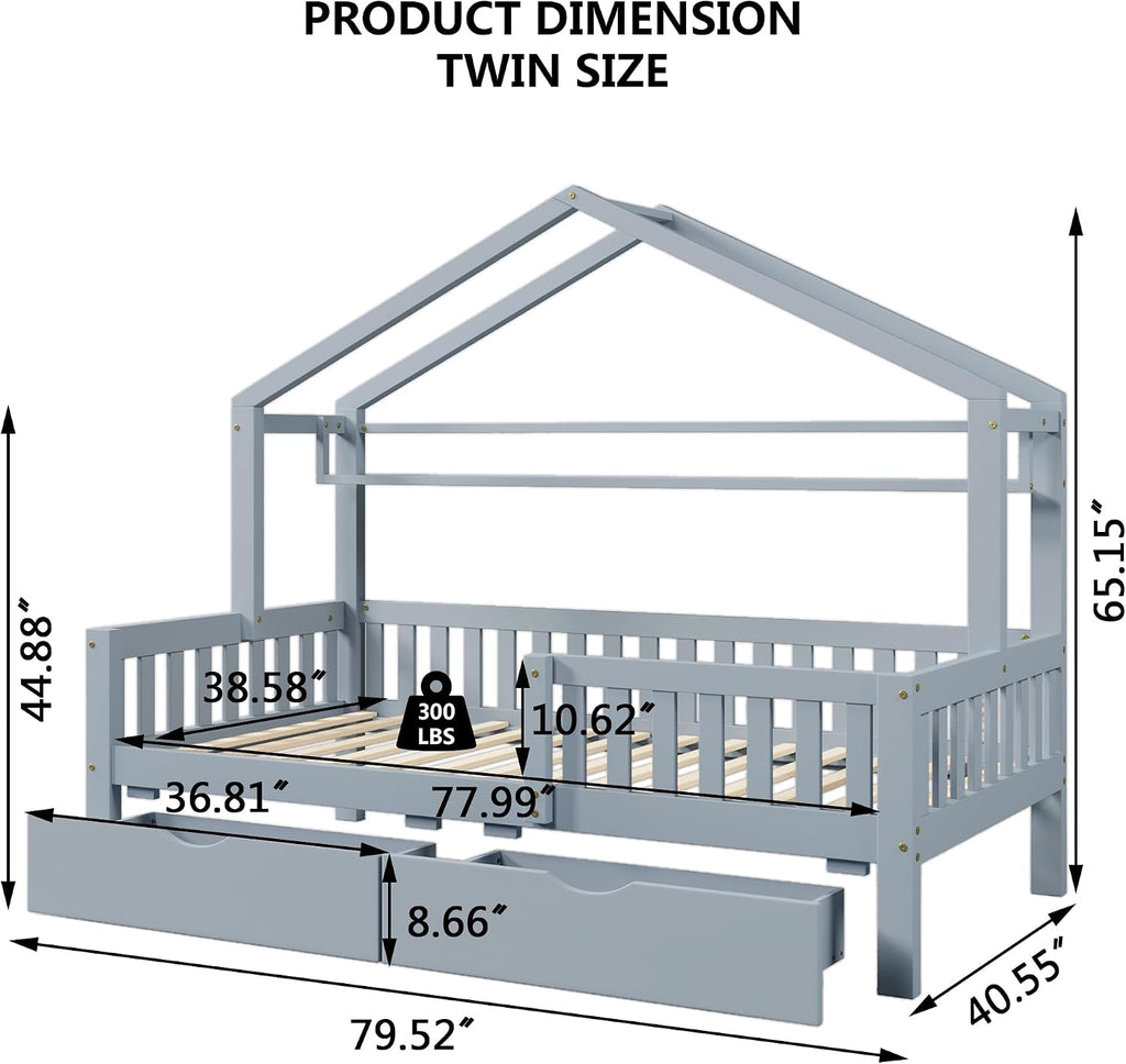 Twin Size House Bed with Storage Drawers and Shelf,Kids Wooden Bed Frame Twin Platform Bed with Slats and Fence for