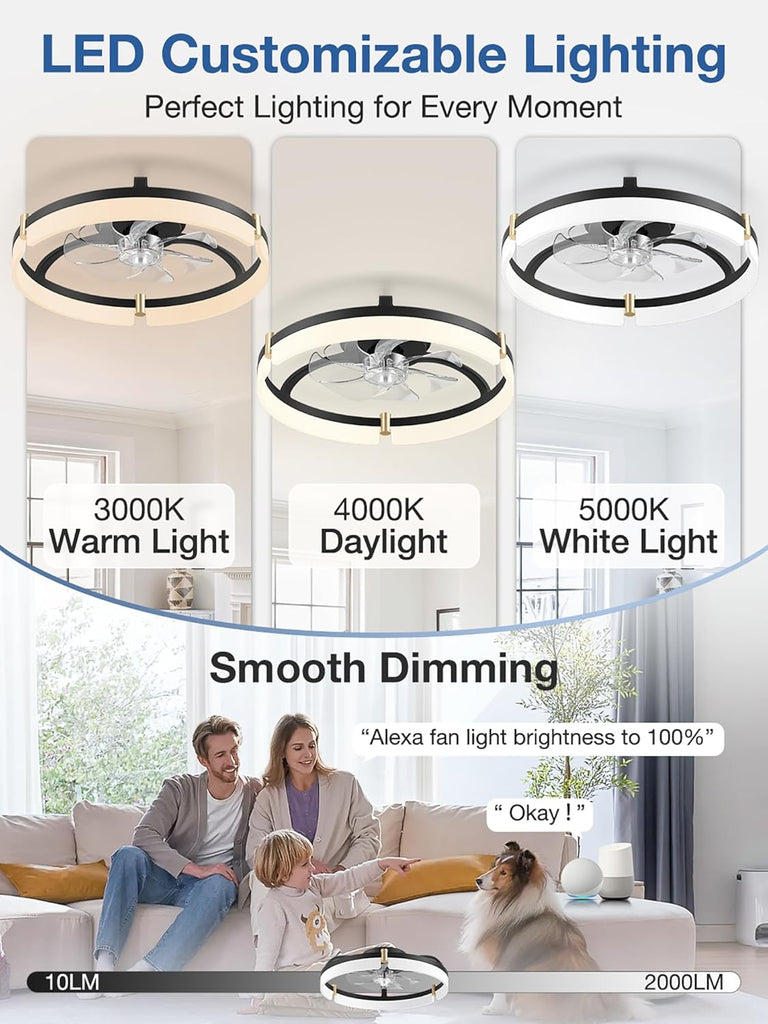20" Smart Ceiling Fans with Lights,Control via Remote Alexa App,Quiet,Low Profile Flush Mount Bladeless Ceiling Fan