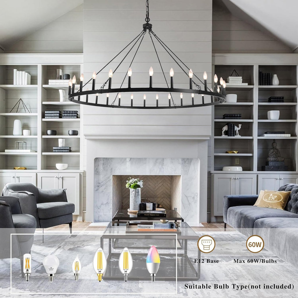 Inspired Camino Style Chandelier - Black Extra Large Wagon Wheel Chandelier, 60 inch 30 Lights Farmhouse Chandelier, Industrial Candle Round Pendant Light Fixture for High Ceiling Living Room Dining Room Entryway