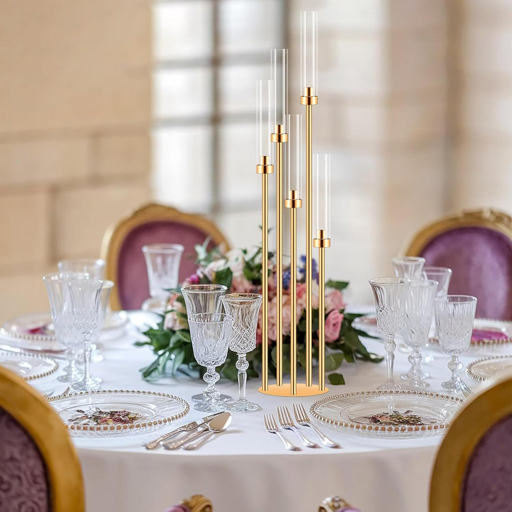 10 Sets 5 Arms Acrylic Candelabra for Tables,42'' Tall Candlesticks Holder with Lampshade,Wedding Centerpieces,Gold