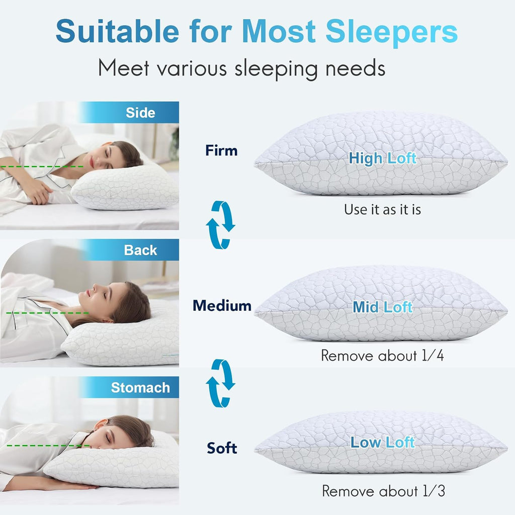 Cooling Memory Foam Pillows King Set of 2, Adjustable Shredded Memory Foam,Bed Pillows for Sleeping with Breathable