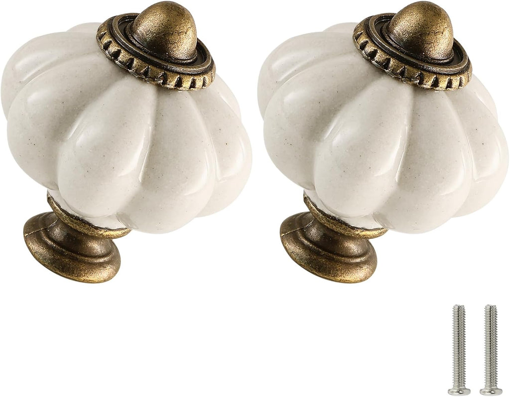 Antique White Pumpkin Knobs 2 Pack Ceramic Cabinet Knobs Vintage Drawer Pulls - Antique Dresser Pulls with Screws